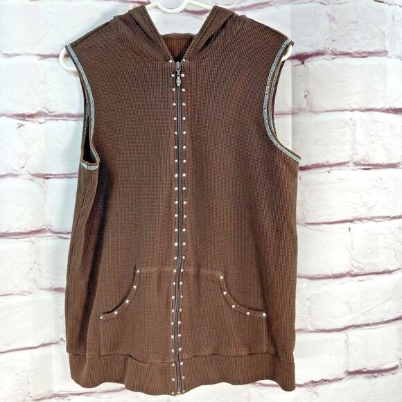 Quacker Factory Vest SZ M Women's Sleeveless Brown Waffle Hoodie Rhinestones Zip - Picture 1 of 11